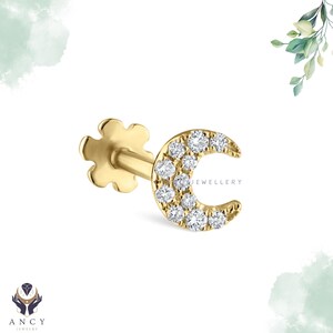 Brinco de pino com rosca de lua de diamante, pino de meia-lua crescente, delicados pinos de diamante, brincos minimalistas para o dia a dia, brinco de lua de ouro 14k