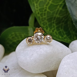 Invisible Set Three Diamond Curve Threaded Stud Earring | 9K 10K 14K Gold Designer  | Mom Birthday Gift | Gift for Female