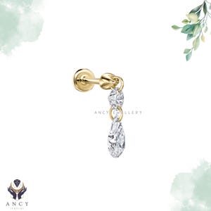14k Gold Double Diamond Threader Earring: Pear Dangle Stud