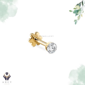 14K Gold Labret Stud Earring Mossanite Diamond Cartilage Piercing | Flat Back Helix | Tragus & Conch Jewelry  | gift for Mom