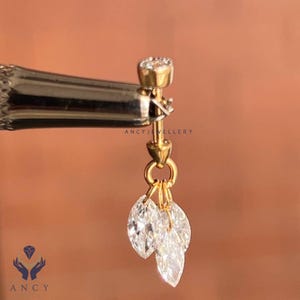 Solid Gold Marquise Dilled Diamond Dangle Stud With Round Diamond Threaded Charm Earring Dainty Diamond Piercing For Her