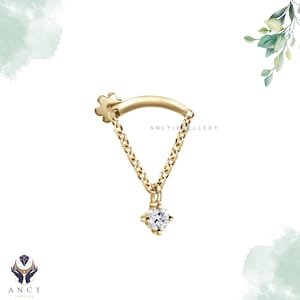 Curved Barbell Earring With Chain & Diamond | Unique Cartilage Piercing Jewelry | 14k Gold | Gift for Gf