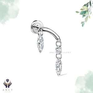 Margaret Floating Marquise and Round Diamond Drape, Unique Ear Set Up 14K Threaded Flatback Stud, Helix Threaded Stud Piercing