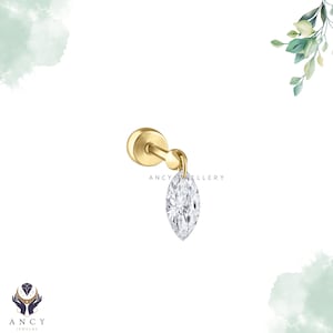Sabras Floating Marquise Diamond Drape Unique Ear Set Up Helix Threaded Stud Piercing 14K Threaded Flatback Stud