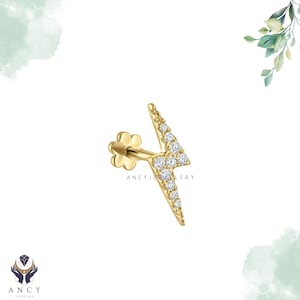 Diamond Lightning Bolt Threaded Stud Earring | 14k Gold Earrings  | These delicate Earrings | gift for Piercing Lover