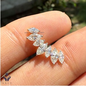 Curved 7 Diamond 14K Solid Gold Marquise Screw Flat Back 16G Earring Conch Piercing | Climber Earring | Handmade Earrings | Gift For Her