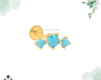 14K Gold Turquoise Flat Back Earring, Triple Turquoise Stud, Blue Gemstone Cartilage Piercing, Threadless Ear Stud, Minimalist Jewelry
