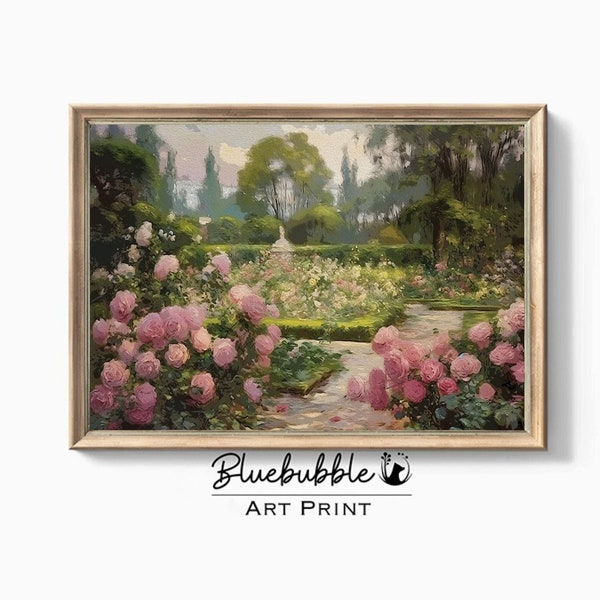 Cottage Oil Painting, Rose Garden Wall Art, Summer Vintage Muted Print, Printable Digital Wall Art Downloads