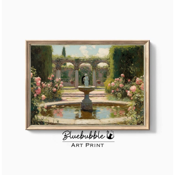 Vintage Oil Painting, A Wishing pool in the Rose Garden Wall Art, PRINTABLE Digital, Digital Wall Art, Digital Downloads