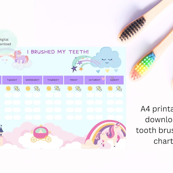 Monthly Kids/toddler Printable Toothbrushing Chart Unicorn Rainbow Theme INSTANT DOWNLOAD