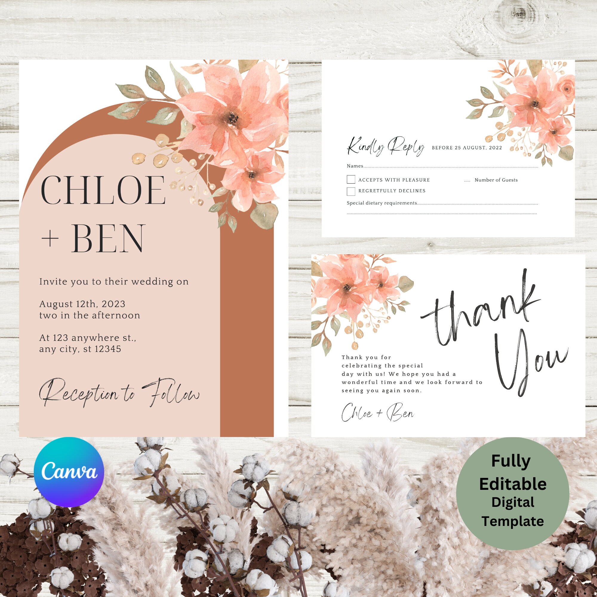 Wedding Invitation Boho Floral Beige Pink Simple - Etsy