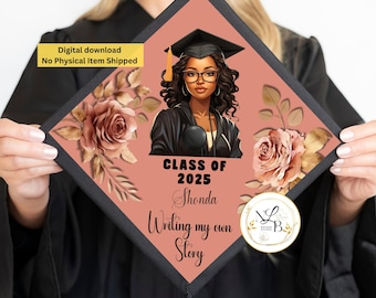 Adorno para birrete de graduación personalizado: Diseño floral en oro rosa (archivo digital PDF)