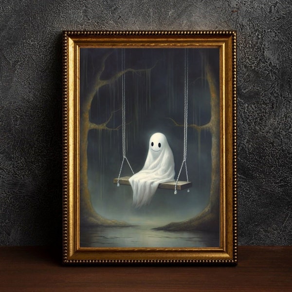 Ghost On The Swing, Sheeted Ghost Art Print, Cute Little Ghost Face Spooky Gothic Printable, Abandoned Art, Dark Academia Room Decor