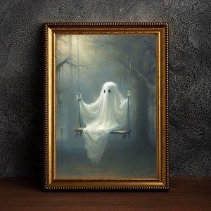 Ghost On The Swing Poster, Sheeted Ghost Art Print, Cute Little Ghost Face Spooky Gothic Printable, Abandoned Art, Dark Academia Room Decor