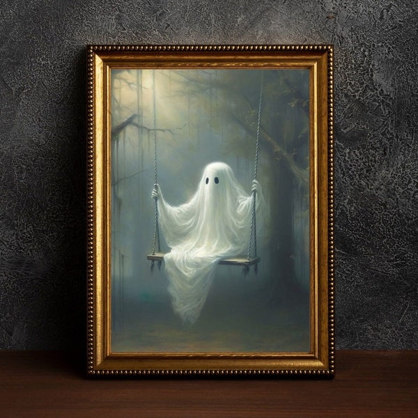 Gespenst auf der Schaukel Poster, Gespenst Kunstdruck, niedliches kleines Gespenst Gesicht Spooky Gothic druckbare, verlassene Kunst, dunkle Academia Room Decor