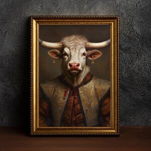 Victorian Bull Art Print, Regal Renaissance Animal Portrait (Digital Download)