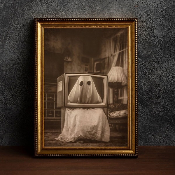 Wall Ghost Poster, Sheeted Ghost Art Print, Cute Little Ghost Face Spooky Gothic Printable, Abandoned Art, Dark Academia Room Decor