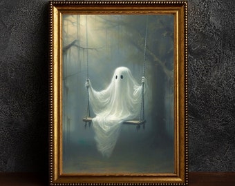 Ghost On The Swing Poster, Sheeted Ghost Art Print, Cute Little Ghost Face Spooky Gothic Printable, Abandoned Art, Dark Academia Room Decor