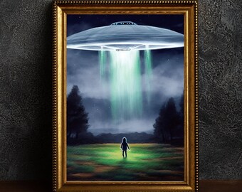 UFO & Kid Art Print: Dark Academia Alien Poster (Digital Download)