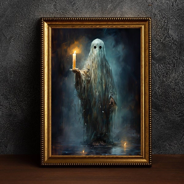 Ghost With Candle Poster, Sheeted Ghost Art Print, Cute Little Ghost Face Spooky Gothic Printable, Abandoned Art, Dark Academia Room Decor
