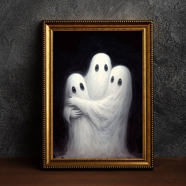 Ghost Hug Poster, Sheeted Ghost Art Print, Cute Little Ghost Face Spooky Gothic Printable, Abandoned Art, Dark Academia Room Decor