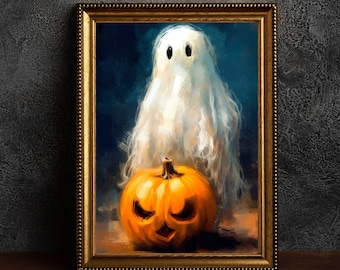 Ghost and Pumpkin Halloween Art Print: Spooky Gothic Decor (Digital Download)