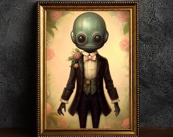 Steampunk Alien Portrait Print, Vintage Robot Art (Digital Download)