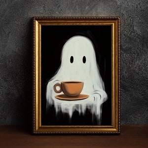 Ghost Drinking Coffee Poster,Sheeted Ghost Art Print, Cute Little Ghost Face Spooky Gothic Printable,Abandoned Art, Dark Academia Room Decor