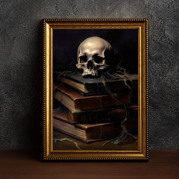 Skull And Books Poster, Skeleton Instant Download Printable Home Decor, Skull Digital Poster Wall Art Gift, Gothic Home Decor