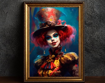 May include: A framed portrait of a clown with red curly hair, blue eye makeup, and a painted smile. The clown wears a brown and yellow patterned outfit and a tall hat with star accents. The artwork is set against a dark background.