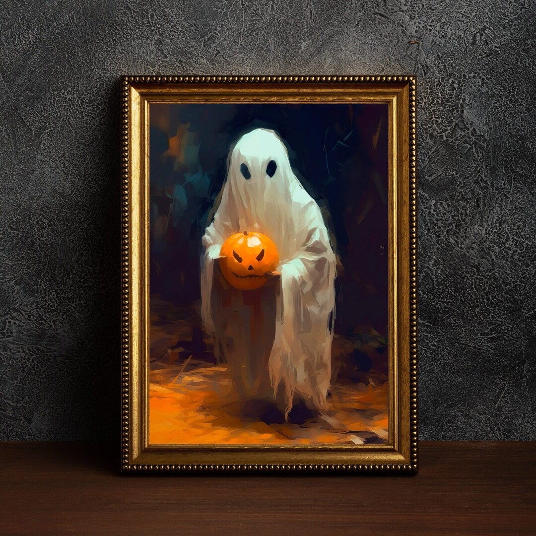 Ghost and Pumpkin Halloween Poster, Sheeted Ghost Art Print, Cute ...