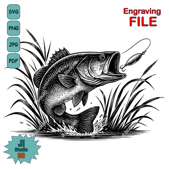 Bass Fish SVG | Fishing Clipart Png Jpg Pdf | Jumping Fish Line