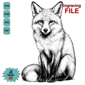 May include: A detailed black and white illustration of a fox in a seated position. The fox has a fluffy tail and is looking directly at the viewer. The image includes the text "Engraving FILE" and file type icons for SVG, PNG, JPG, and PDF.