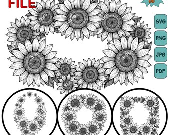 Sunflower Wreath SVG Bundle | 4 Floral Frame Designs | Vintage Sunflower Clipart | Digital Download Png Jpg Pdf