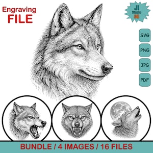 May include: Black and white engraving of a wolf's head, with detailed fur texture. The image includes the text "Engraving FILE" and a bundle of four wolf images in circles, with file type icons. The text "BUNDLE / 4 IMAGES / 16 FILES" is also present.