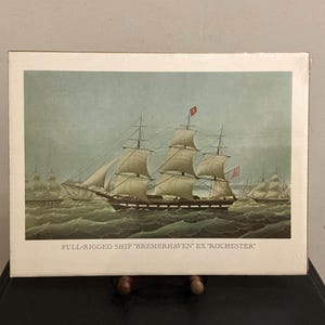 PRINT MARITIME VINTAGE Print of Full-Rigged Ship “Bremerhaven” Ex “Rochester” in full sail.Vtg Maritime Print.Print Vtg Ship