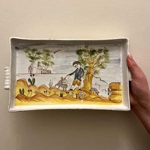 VINTAGE PORTUGESE TRAY Handpainted Ceramic Rectangle Decorative Tray featuring a Bucolic Pastoral Scene in the Folk Art or Naive Style.