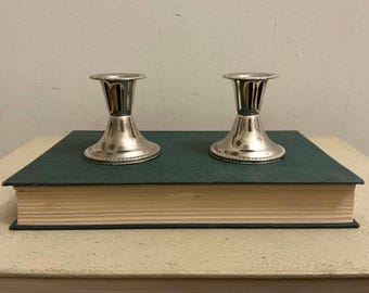 CANDLESTICK HOLDERS VINTAGE Silver Tone Metal Pair of Small Elegant Candlestick Holders in the Victorian Style with Beaded Detail with Box