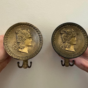 VINTAGE HOOK COAT/Hat Pair of Brass Neo Classical Style Italian Brass Hooks with Ornate Roundel Featuring a Classical Roman Female Profile.