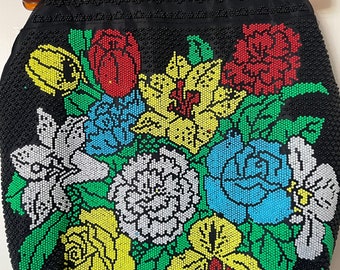 BAG Vintage BEADED 70’s FLORAL Carry Bag with Plastic Handles - Beautiful Vintage Boho Aesthetic! Fabulous Seventies Bright Floral Carry All