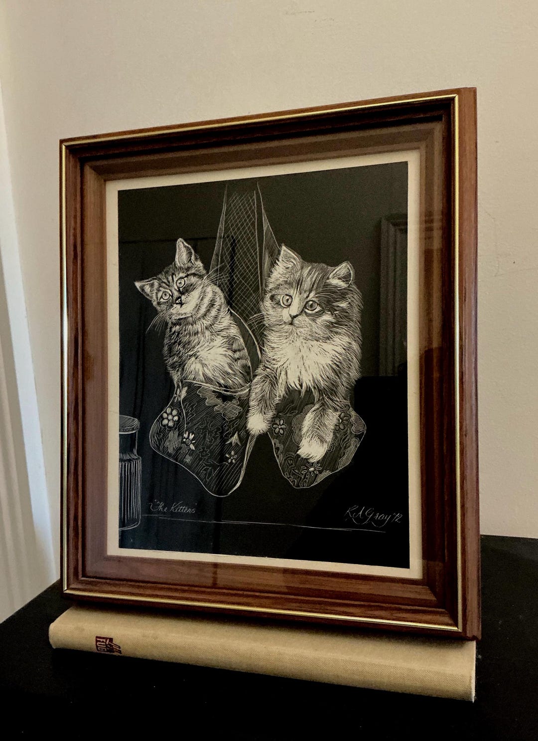 SCRAPERBOARD ORIGINAL ARTWORK in Vintage Cedar(?)shadowbox Style Frame ...