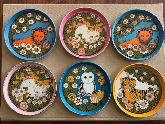 COASTERS set of six assorted VINTAGE METAL Pat Albeck Vintage Mid Century Coasters featuring an Orange Lion, White Cat,Yellow Tiger & an Owl