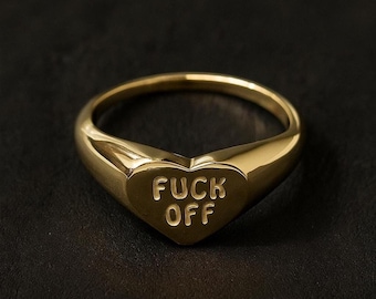 Anillo Corazón de Oro / Sello "Que te jodan", Plata de Ley 925, Regalo de Navidad