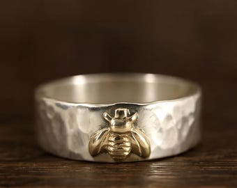 Anillo de abeja de plata de ley martillada - Anillo unisex personalizado