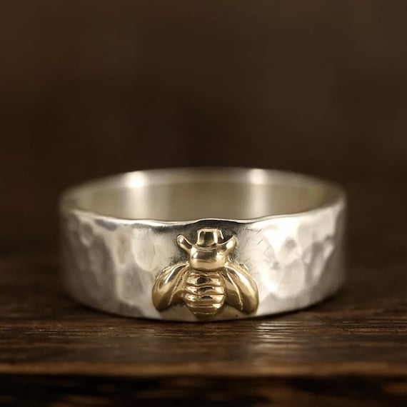 Hammered Sterling Silver Honey Bee Ring - Personalized Unisex Band