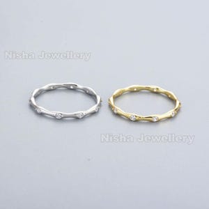 Moissanite Bamboo Pattern Ring, Minimalist Wavy Wedding Band, Unique Stackable Ring, Nature Inspired Gold Ring, Mother's Day Gift