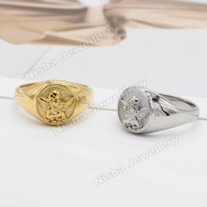 Gold Angel Signet Ring – 925 Sterling Silver Oval Signet Ring, Minimalist Elegant Jewelry Gift for Women