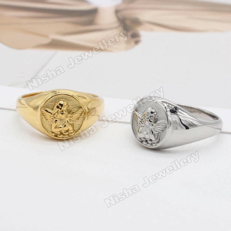 Gold Angel Signet Ring – 925 Sterling Silver Oval Signet Ring, Minimalist Elegant Jewelry Gift for Women