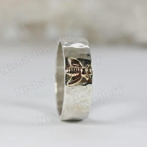 Hammered 925 Sterling Silver Honey Bee Ring | Gold Accent | Personalized Band | Women's Gift