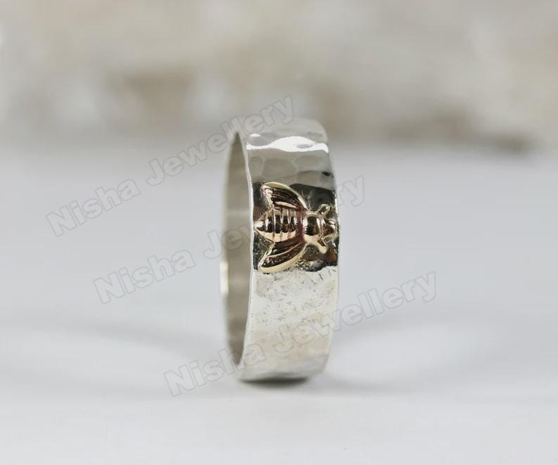 Hammered 925 Sterling Silver Honey Bee Ring | Gold Accent | Personalized Band | Women's Gift